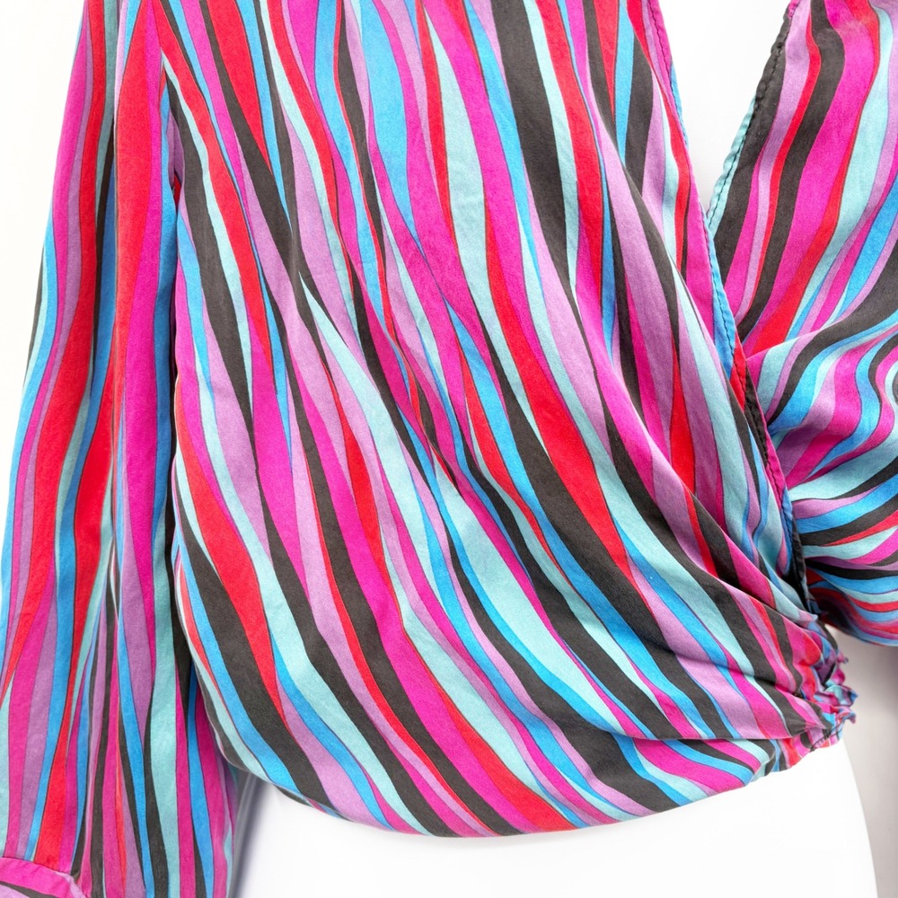 Cache Womens Multicolor Striped Y2K Retro Vibrant Wrap Front Silk Top Size L - Picture 2 of 6